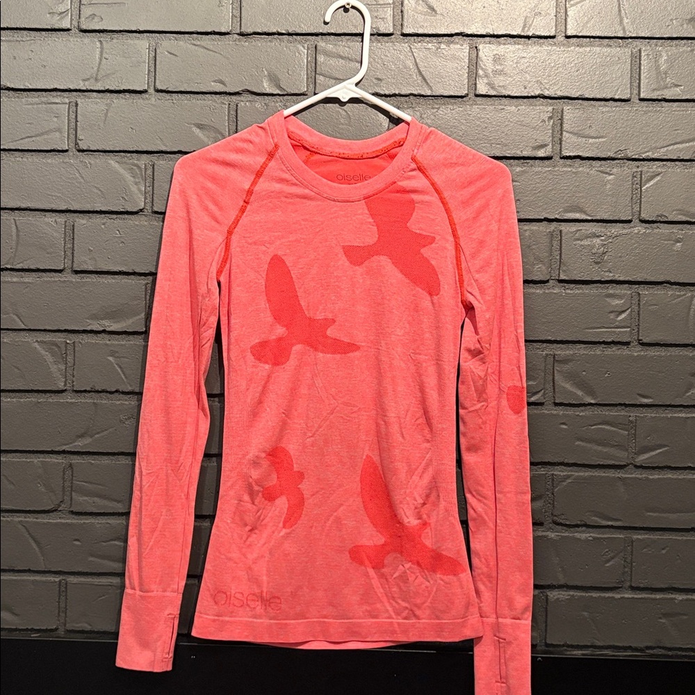 Oiselle Coral-Pink Birdprint Long Sleeve Crew - Size Women’s XS